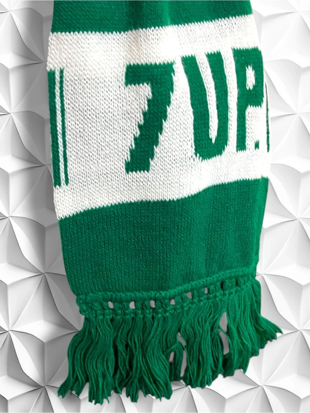 Vintage 7-Up Striped Knit Scarf Green White Fringed Retro 70s 80s Soda Promo